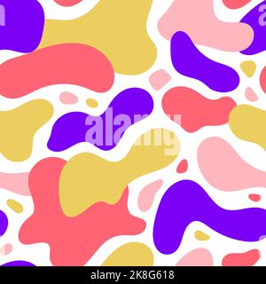 Liquid forms seamless background. Fluid elements repeating wallpaper. Organic blobs backdrop in yellow, purple and red. Modern texture Stock Vector