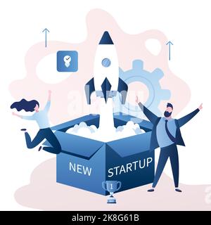 Open box and from it the rocket takes off. Happy business people. Startup or new idea concept. Male and female characters in trendy style. Vector illu Stock Vector