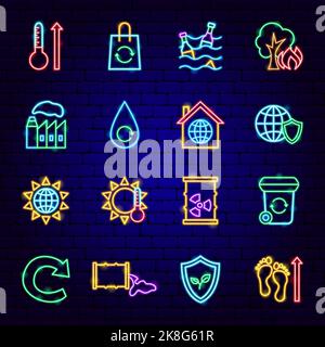 Save Planet Neon Icons Stock Vector