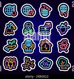 Global Warming Neon Stickers Stock Vector