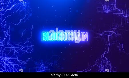 Blockchain text on abstract background of connection fiber with data encrypted. Metaverse concept. Stock Photo