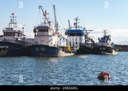 Surmene, Turkey - December 23, 2021: Industrial fishing boats are moored in harbor of Arakli on a sunny morning Stock Photo