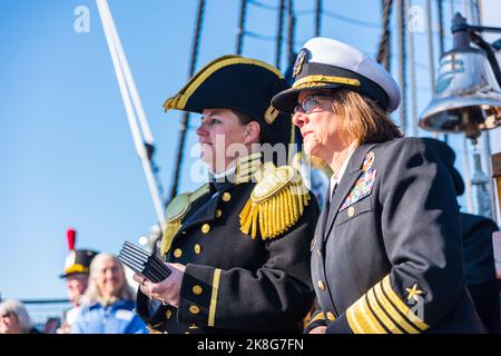 Commander Billie J. Farrell and Admiral Lisa Franchetti on the USS Constitution for the 225th birthday celebration. Stock Photo