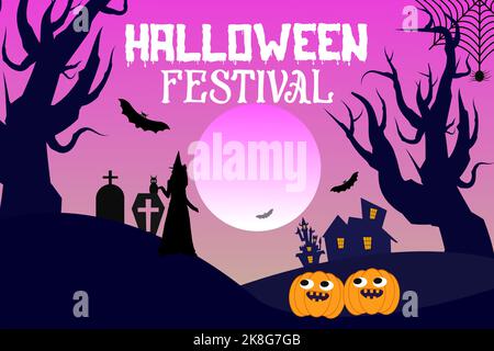 Halloween festival terrifying night Background with black bats,spider,Pumpkin,horror Night scene,Spooky Nighttime Happy halloween festival horrible Stock Vector