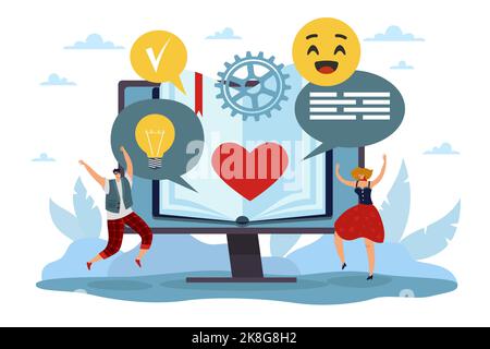 Self development, personal growth and mastery skills. Huge computer screen with book on screen and tiny people, e-learning and online tutorial. Vector Stock Vector