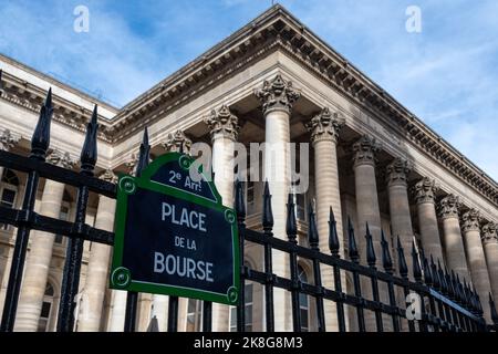 Street sign on which is written "Place de la Bourse" with in the background the former headquarters of the Paris stock exchange, Paris, France Stock Photo