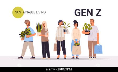 mix race people holding potted plants generation Z sustainable living concept Stock Vector