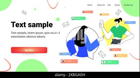 businesswomen in chat bubbles discussing during meeting online communication concept Stock Vector