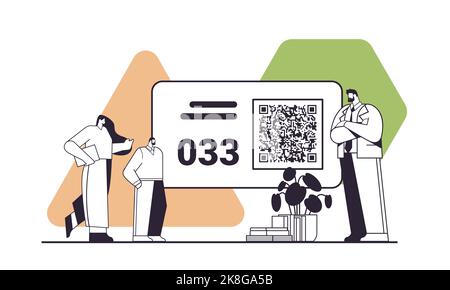 people looking at display number board in waiting room electronic queuing system queue management customer service Stock Vector