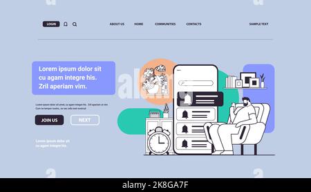 man programming time reminder alarm on smartphone screen office day planner notification schedule application Stock Vector