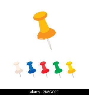 Icons of pin buttons, needles. Flat symbols of push pins set illustration isolated for note and attach in office. Pushpins, thumbtack for notice Stock Vector