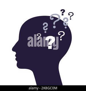 Human head filled with question marks. Concepts of memory loss, learning capacity, brainstorming. Stock Vector