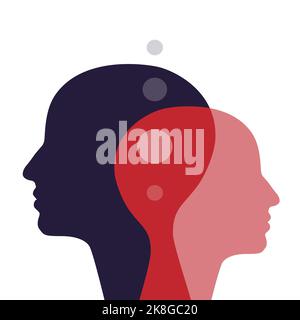 Two heads joined together. Concept of mutual thoughts, strong connection. Stock Vector