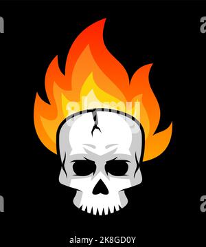 Flaming skull on black background. Human head skeleton with a fire flames behind. Burning skull. T shirt design element. Skull on fire. Tattoo style Stock Vector