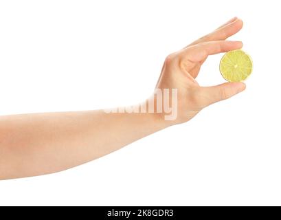 sliced lime in hand path isolated on white Stock Photo