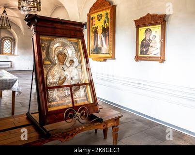 Valdai, Russia - August 6, 2022: Orthodox icons at the Assumption Cathedral of the Valday Iversky Monastery. Monastery was founded by Patriarch Nikon Stock Photo