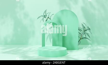 Mockup of a podium in the form of a pedestal with an arch to showcase the product. Abstract background with shadows. 3d illustration. Stock Photo