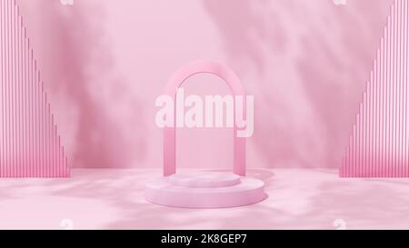 Mockup of a podium in the form of a pedestal with an arch to showcase the product. Abstract background with shadows. 3d illustration. Stock Photo