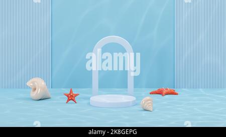 Mockup of a podium in the form of a pedestal with an arch to showcase the product. Abstract background with caustics. Marine theme. 3d illustration. Stock Photo