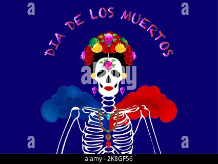 Dia de los muertos, Day of the dead Mexican holiday festival. Woman skull with make up of Catrina with flowers crown. Poster, banner and card Stock Vector