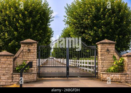 Iron front gate of a beautiful luxury home. Fancy large mansion behind a locked gate. Nobody, street photo, selective focus Stock Photo