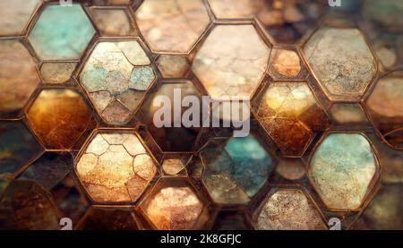 An abstract background of hexagons3D shapes in a colorful mineral gradient of rust, amber, yellow, green, and blue. Stock Photo