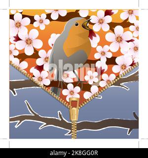 Background on a theme of seasons change. Spring and winter. Bird on flowering tree branch. Zipper. Vector Image. Stock Vector