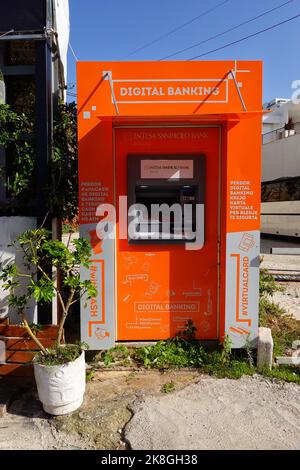 ATM of Intesa Sanpaolo Bank, Saranda, Republic of Albania Stock Photo