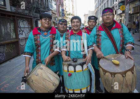 The first annual 'Indigenous Peoples of the Americas Day Parade' took place in New York City on Oct. 15, 2022. The Pueblo Dance Group from New Mexico performed at the parade. Stock Photo
