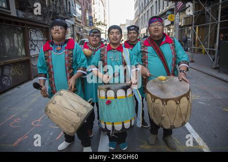 The first annual 'Indigenous Peoples of the Americas Day Parade' took place in New York City on Oct. 15, 2022. The Pueblo Dance Group from New Mexico performed at the parade. Stock Photo