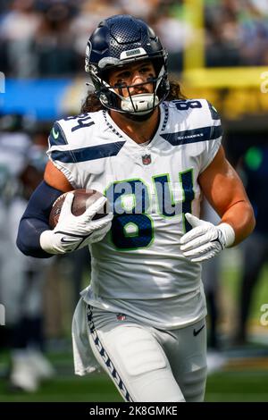 Seattle Seahawks tight end Colby Parkinson (84) walks off the field during  an NFL football game against the Las Vegas Raiders, Sunday, Nov. 27, 2022,  in Seattle, WA. The Raiders defeated the