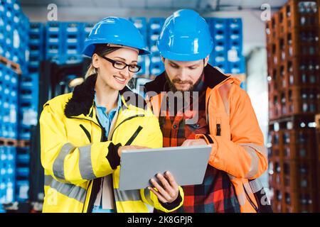 Woman and man as workers in logistics center using computer Stock Photo