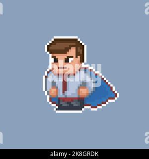 Office worker male character wearing a cape and red pants - business super hero. 8 bit pixel art retro cartoon illustration isolated white outline Stock Vector