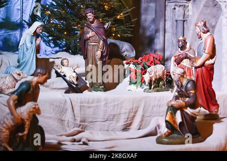 Christmas creche with Joseph Mary and small Jesus Stock Photo