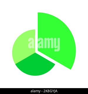 Donut chart divided in 3 monochrome green fractions. Round diagram with one separated sector. Infographic wheel icon. Circle shape cut in three equal parts. Vector flat illustration Stock Vector
