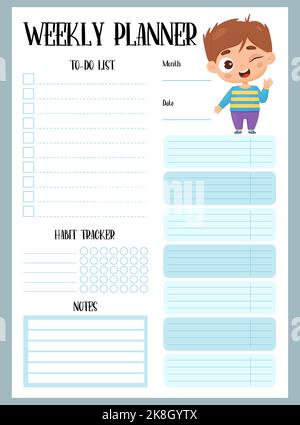 Weekly planner. Organizer, to-do list, notes and habit tracker with happy cartoon boy. Vector illustration. vertical template in blue for print, desig Stock Vector