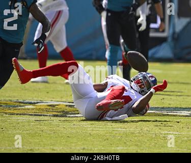 Jacksonville, United States. 23rd Oct, 2022. Giants Wide Receiver Marcus Johnson drops a pass in the second half as the Giants take on the Jaguars at the TIAA Bank Field in Jacksonville, Florida on Sunday, October23, 2022. The Giants defeated the Jaguars 23-17. Photo by Joe Marino/UPI. Credit: UPI/Alamy Live News Stock Photo