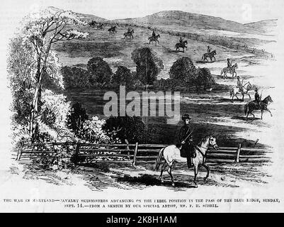 The War in Maryland - Cavalry skirmishers advancing on the Rebel position in the pass of the Blue Ridge, Sunday, September 14th, 1862. Battle of South Mountain. 19th century American Civil War illustration from Frank Leslie's Illustrated Newspaper Stock Photo