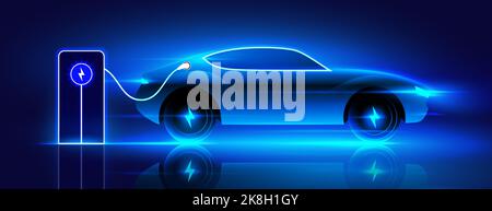 Electric car charging on the station, vector illustration. Blue neon glowing EV vehicle filling up a battery. Modern hybrid car with voltage symbol on the wheel. Stock Vector