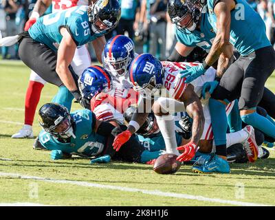 Jacksonville, FL, USA. 23rd Oct, 2022. New York Giants safety Xavier McKinney (29) goes after the after Jacksonville Jaguars wide receiver Christian Kirk (13) fumbles the ball in the last seconds of the 4th quarter during a game against the New York Giants in Jacksonville, FL. Romeo T Guzman/CSM/Alamy Live News Stock Photo