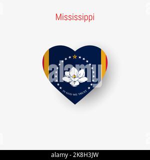 Mississippi US state heart shaped flag. Origami paper cut folded banner. 3D illustration isolated on white with soft shadow. Stock Photo