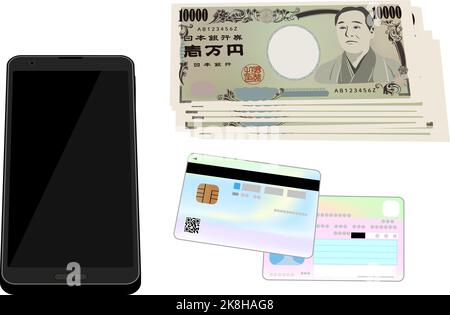 Online billing of special fixed benefit and image of benefit, 100,000 yen and my number card and smartphone  Translation: Bank of Japan notes, Ichiman Stock Vector