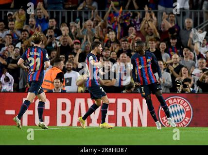 Barcelona, Spain. 23rd Oct, 2022. FC BARCELONA vs ATHLETIC CLUB of BILBAO October 23,2022  Ousmane Dembele (7) of FC Barcelona celebrates scoring the first goal with Sergi Roberto (20) of FC Barcelona during the match between FC Barcelona and Athelic Club of Bilbao corresponding to the eleventh day of La Liga Santander at Spotify Camp Nou in Barcelona, Spain. Credit: rosdemora/Alamy Live News Stock Photo