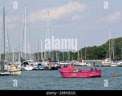 Pink painted Hamble Warsash Ferry Emily on the Hamble River, Southampton, Hampshire, UK Stock Photo