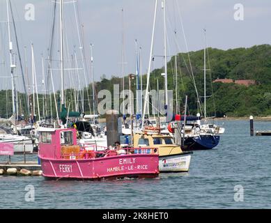 Pink painted Hamble Warsash Ferry Emily on the Hamble River, Southampton, Hampshire, UK Stock Photo