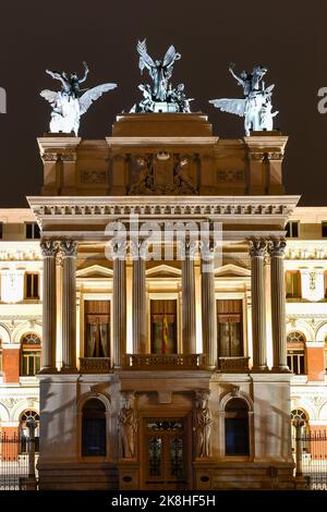 View on the Fomento Palace, the seat of Agriculture, Fisheries and Food Ministry in Madrid, Spain at night. Stock Photo