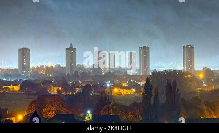Glasgow, Scotland, UK  24th October,  2022. UK Weather:  A day of rain continued into the night as dark clouds shone in the artificial light amongst the depressing downpour in the sodden leafy west end of the city.  Credit Gerard Ferry/Alamy Live News Stock Photo