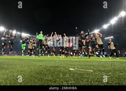 Rome, Italy. 23rd Oct, 2022. Napoli's players celebrate at the end of a Serie A football match between Roma and Napoli in Rome, Italy, on Oct. 23, 2022. Credit: Augusto Casasoli/Xinhua/Alamy Live News Stock Photo