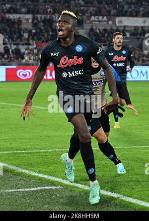 Rome, Italy. 23rd Oct, 2022. Napoli's Victor Osimhen celebrates his goal during a Serie A football match between Roma and Napoli in Rome, Italy, on Oct. 23, 2022. Credit: Augusto Casasoli/Xinhua/Alamy Live News Stock Photo