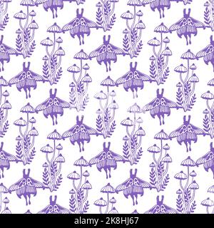 Magic concept vector seamless pattern. Seamless pattern of toadstools, moths, herbs and butterflies. Stock Vector